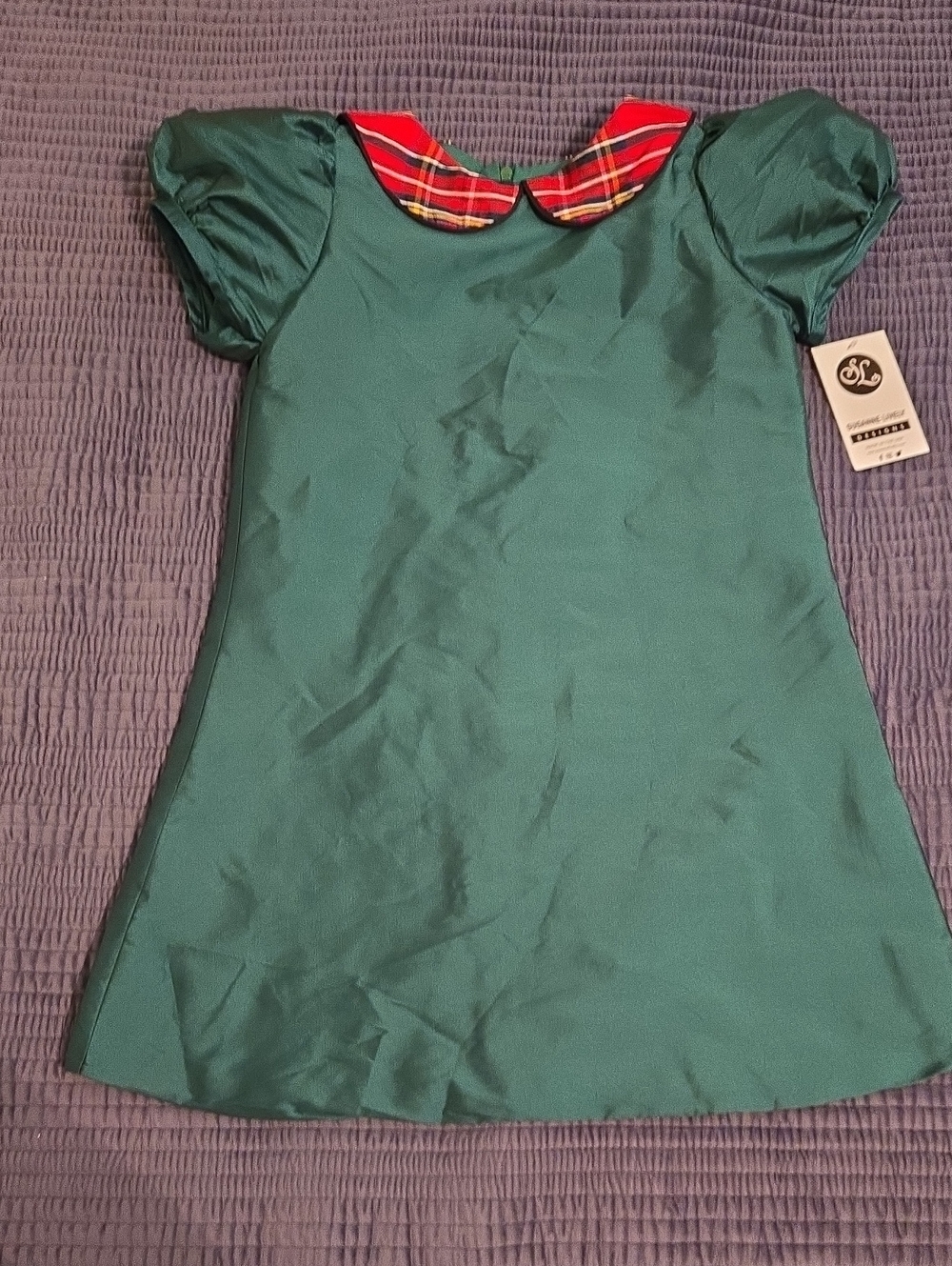 NWT Susanne Lively Designs - Girls' Green Holiday Dress with Red Plaid Collar